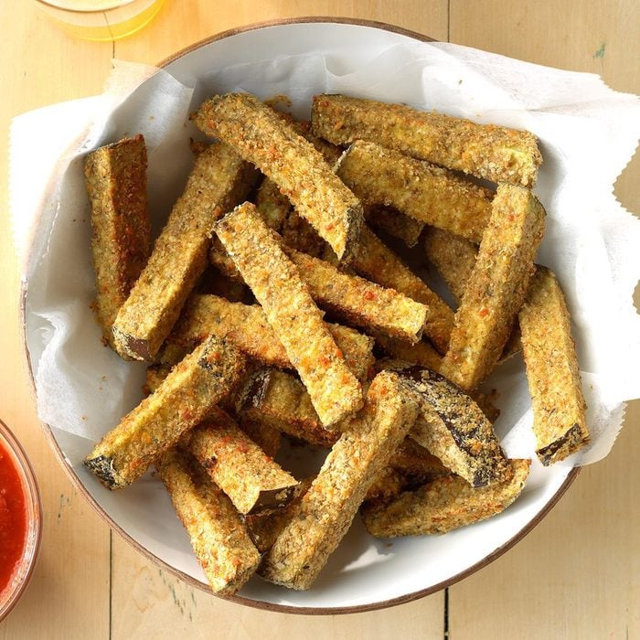 bowl of crispy air-fried eggplant fries